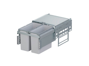 Mülltrennsystem aus Aluminium mit separaten Behältern für Kunststoff, Papier und Bioabfall.