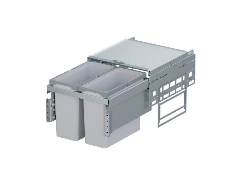 Mülltrennsystem aus Aluminium mit separaten Behältern für Kunststoff, Papier und Bioabfall.