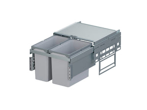 Mülltrennsystem aus Aluminium mit mehreren farblich gekennzeichneten Behältern für Abfalltrennung.