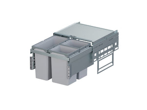 Mülltrennsystem aus Aluminium mit mehreren farblich gekennzeichneten Behältern für Abfalltrennung.