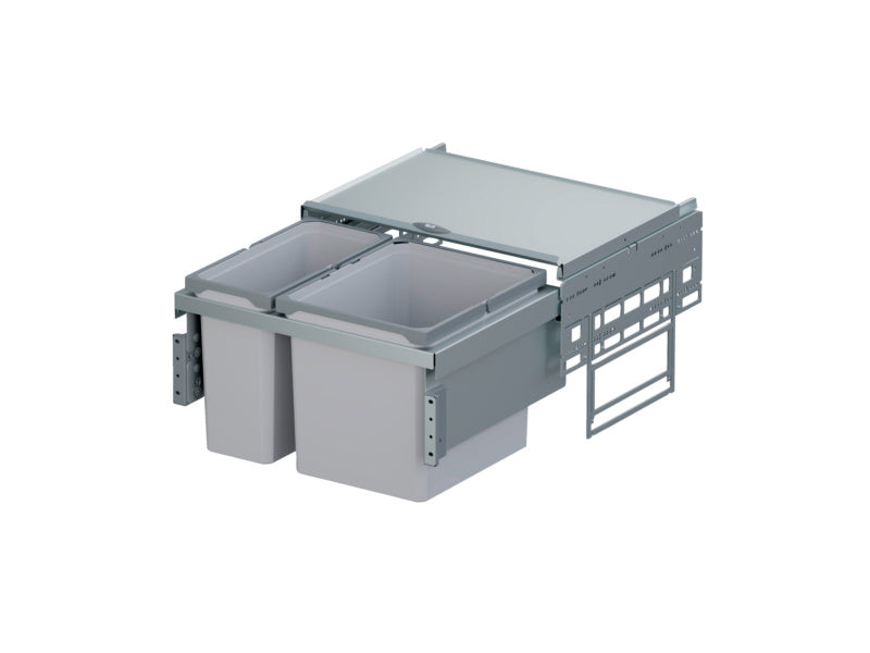 Mülltrennsystem in Aluminium mit mehreren farblich gekennzeichneten Behältern für Abfalltrennung.