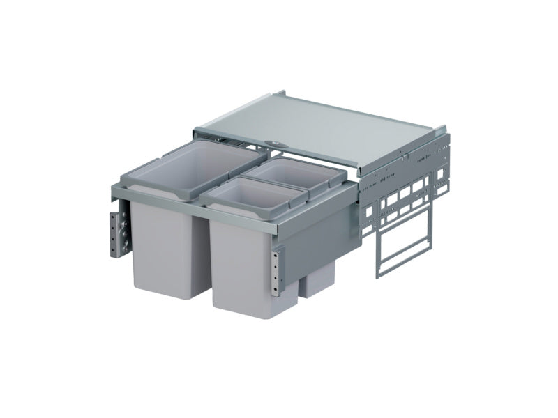 Mülltrennsystem aus Aluminium mit mehreren farblich gekennzeichneten Behältern für Abfalltrennung.