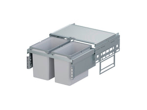 Aluminium Mülltrennsystem für Küche mit farblich gekennzeichneten Behältern und Klappen.