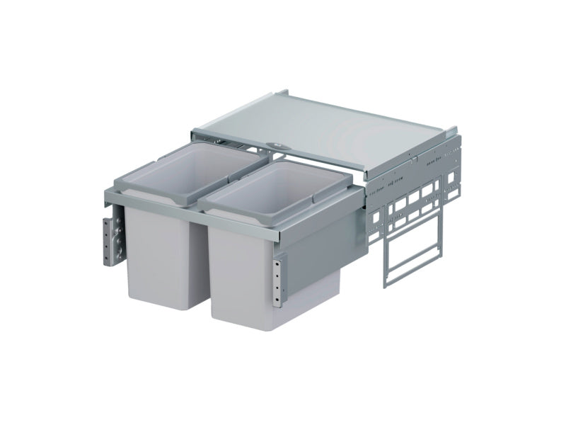 Aluminium Mülltrennsystem für Küche mit farblich gekennzeichneten Behältern und Klappen.