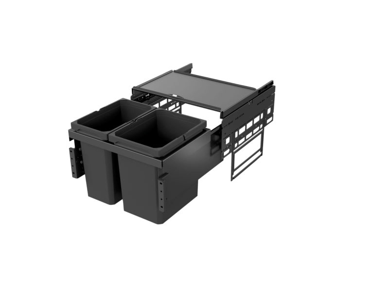 Anthrazitfarbenes Mülltrennsystem mit mehreren Behältern für Papier, Kunststoff, Bioabfälle und Restmüll.