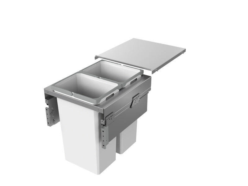 Mülltrennsystem mit mehreren Fächern für Bioabfall, Papier, Plastik und Restmüll in der Küche.