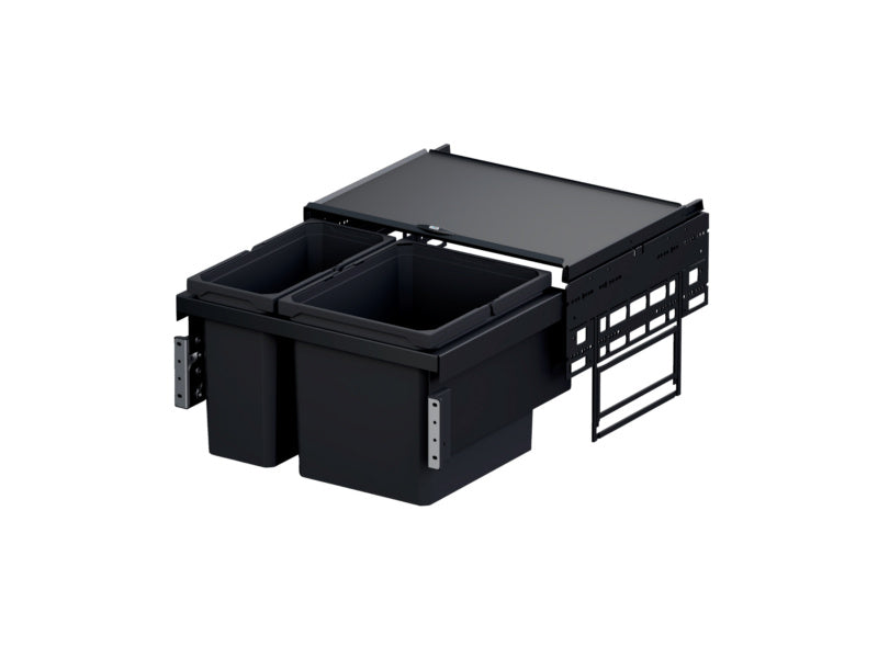 Mülltrennsystem in Anthrazit mit vier Behältern für Papier, Kunststoff, Bioabfälle und Restmüll.