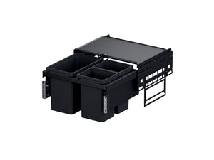 Anthrazitfarbenes Mülltrennsystem mit Behältern für Papier, Kunststoff, Bioabfälle und Restmüll.