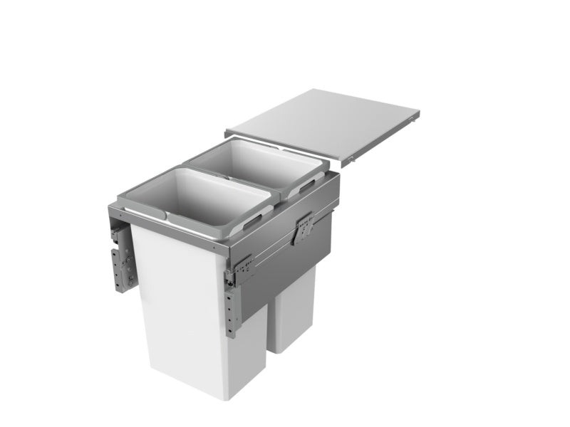 Mülltrennsystem mit mehreren Fächern zur sortierten Abfallentsorgung in der Küche.