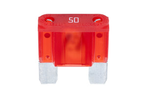 Silver and red FLSTESI-MAXI circuit breaker rated 50A, pack of 10 units visible