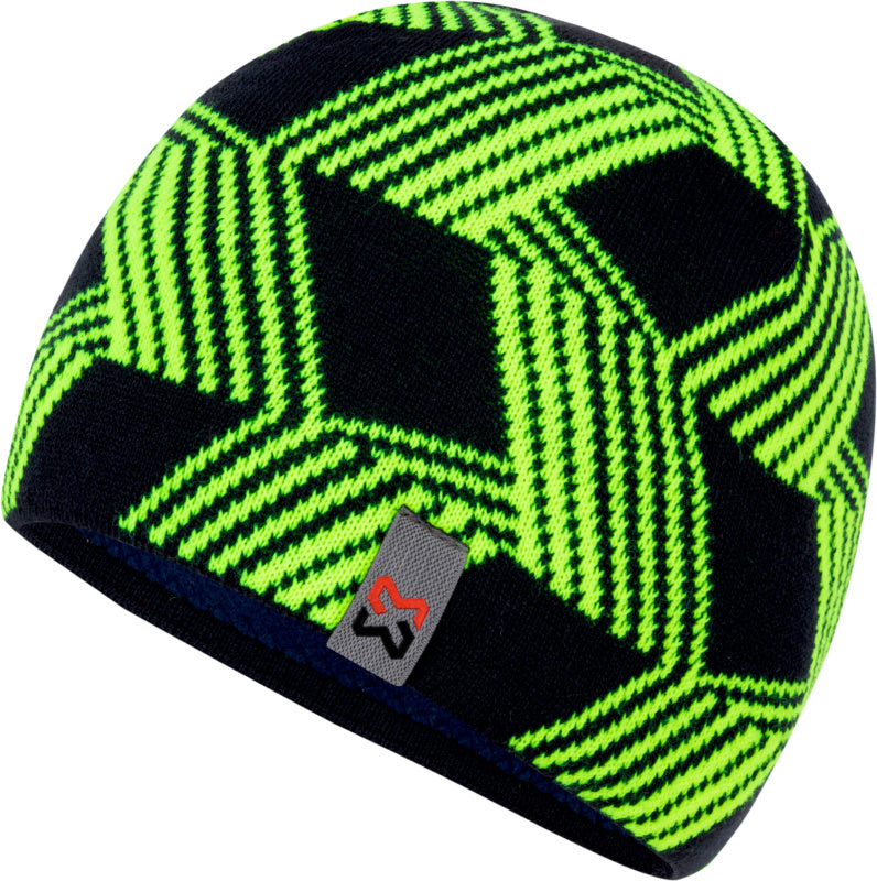 Schwarz-gelber Beanie mit Kapuze und reflektierenden Elementen für Warnschutz und Sichtbarkeit.