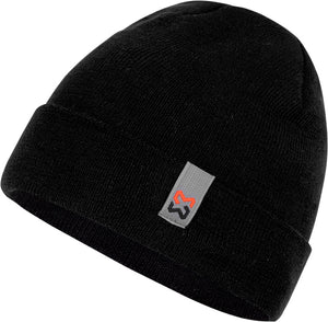 Schwarzer Beanie mit Kapuze, winddicht und wärmend, passt sich der Kopfform an.