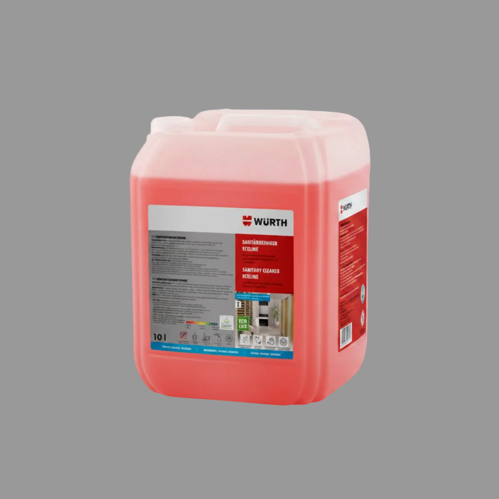 Sanitärreiniger SANIREINIG in einer Sprühflasche mit klarer Flüssigkeit für Oberflächenreinigung.