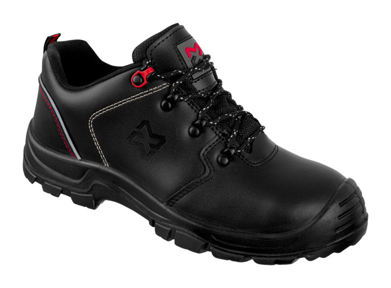 Schwarzer Sicherheitshalbschuh S3 mit durchtrittsicherer, rutschfester Sohle und ESD-Schutz.