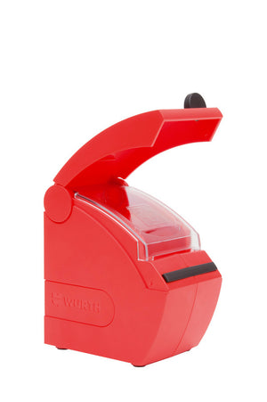 Wundpflasterspender aus transparentem Kunststoff mit kompakten Maßen und abgerundeten Kanten.