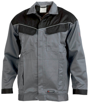 Grau/schwarze Arbeitsjacke mit reflektierenden Details und mehreren praktischen Taschen.