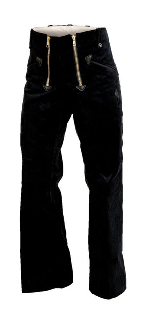 Schwarze Arbeitshose aus Cord mit Schlag und mehreren Taschen für Handwerker und Bauarbeiter.