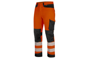 Fluoreszentorange und anthrazitfarbene Warnschutzhose mit Winterisolierung und reflektierenden Elementen.