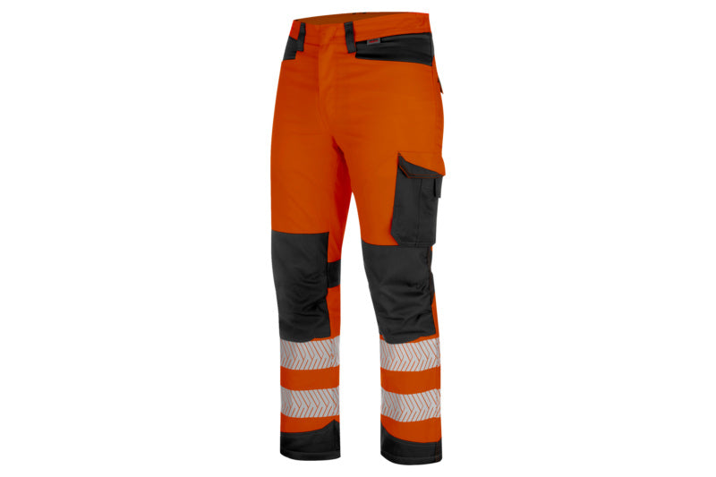 Fluoreszentorange und anthrazitfarbene Warnschutzhose mit Winterisolierung und reflektierenden Elementen.