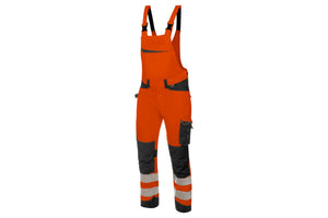 Warnschutz Arbeitslatzhose in fluoreszierendem Orange und Anthrazit mit praktischen Taschen.