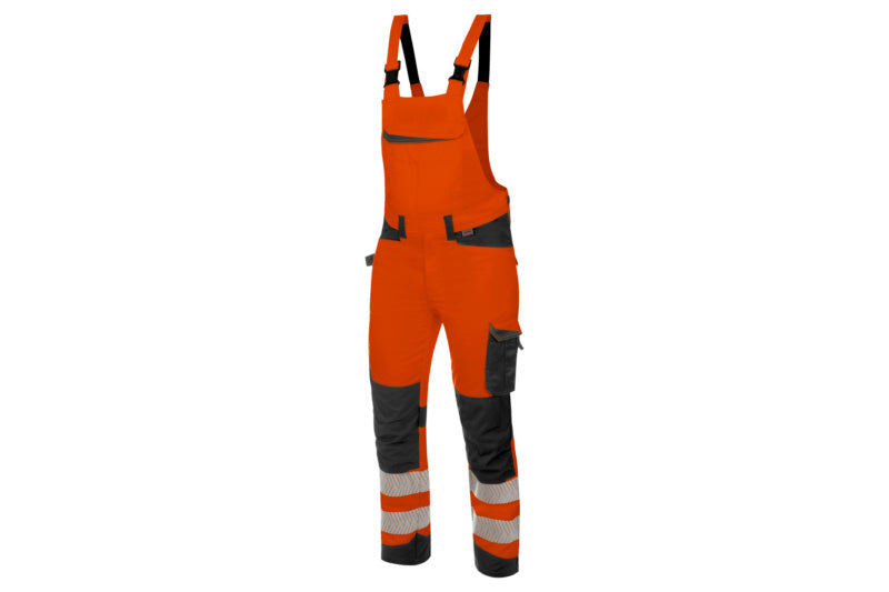Warnschutz Arbeitslatzhose in fluoreszierendem Orange und Anthrazit mit praktischen Taschen.