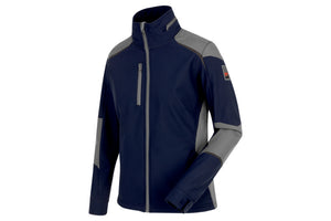 Damen Arbeitsjacke in tiefblau und grau aus Softshell mit mehreren Taschen und verstellbarer Kapuze.