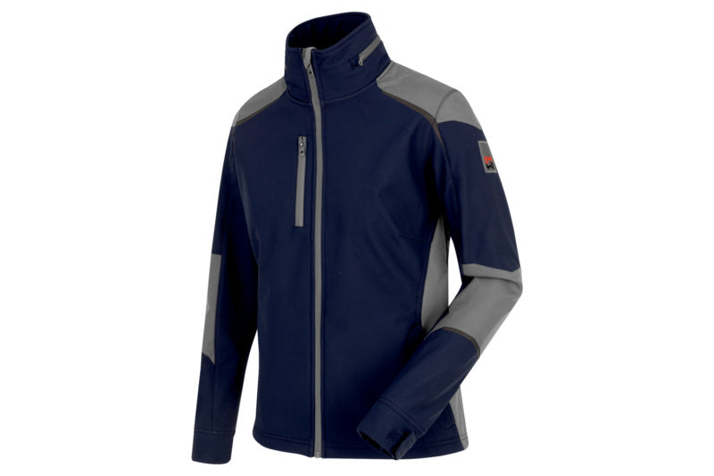 Damen Arbeitsjacke in tiefblau und grau aus Softshell mit mehreren Taschen und verstellbarer Kapuze.