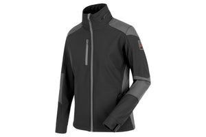 Damen Softshell-Arbeitsjacke in Anthrazit und Grau mit Kapuze und mehreren Taschen.