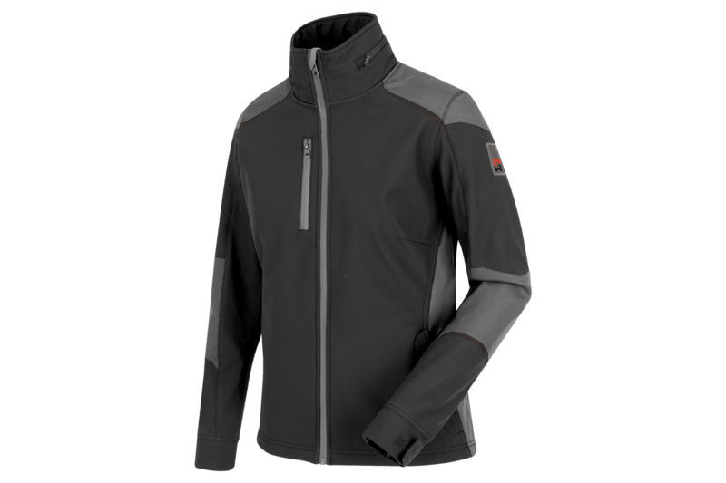 Damen Softshell-Arbeitsjacke in Anthrazit und Grau mit Kapuze und mehreren Taschen.