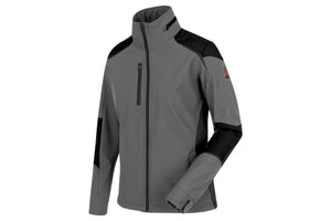 Damen Softshell-Arbeitsjacke in Grau/Anthrazit mit Kapuze und mehreren Taschen.