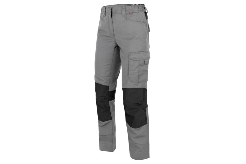 Graue und anthrazitfarbene Damen-Arbeitshose mit mehreren praktischen Taschen und verstellbarem Bund.