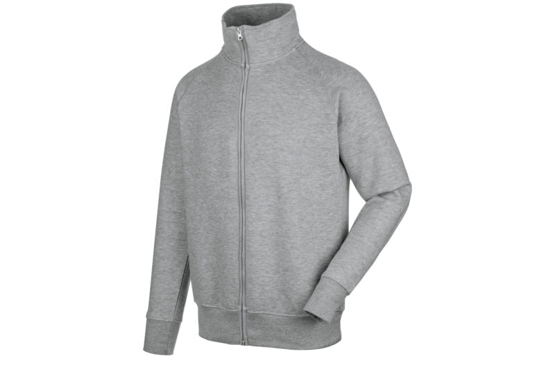 Graue Sweatjacke mit durchgehendem Reißverschluss und elastischen Bündchen für optimalen Sitz.