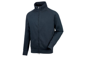 Dunkelblaue Sweatjacke mit Kapuze, Reißverschluss und seitlichen Eingrifftaschen.
