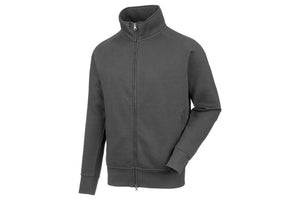 Anthrazitfarbene Sweatjacke mit durchgehendem Reißverschluss und Kapuze, ideal für jede Gelegenheit.
