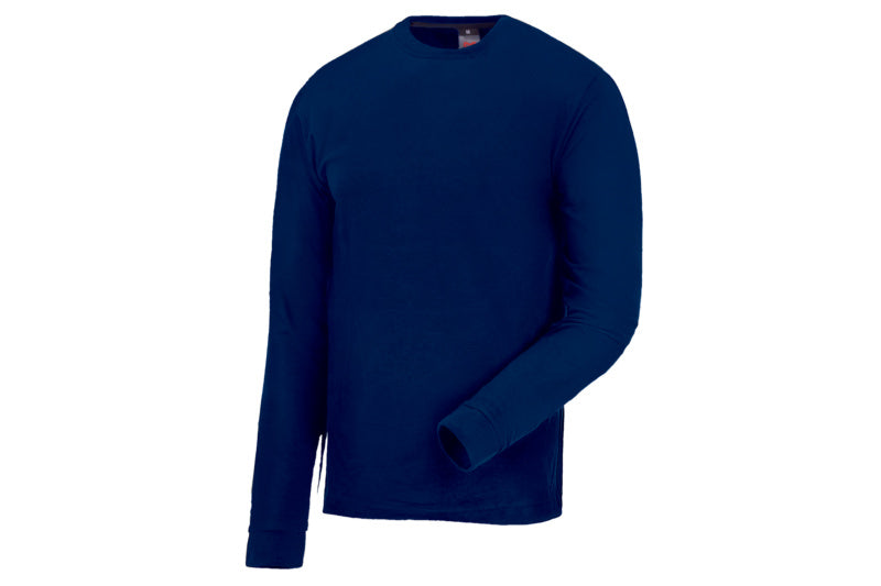 Langärmliges Arbeitsshirt in Dunkelblau mit Brusttasche und klassischem Rundhalsausschnitt.