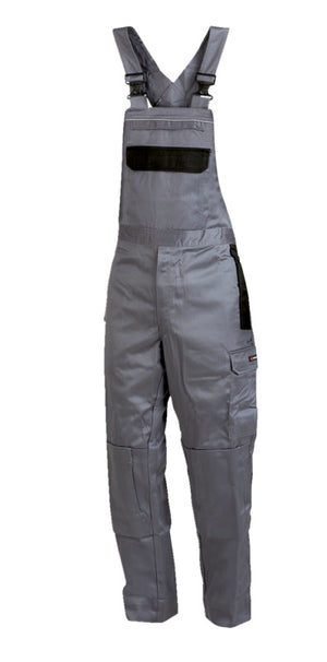 Grau-schwarze Arbeitslatzhose mit verstellbarem Latz und mehreren Taschen für Handwerker.