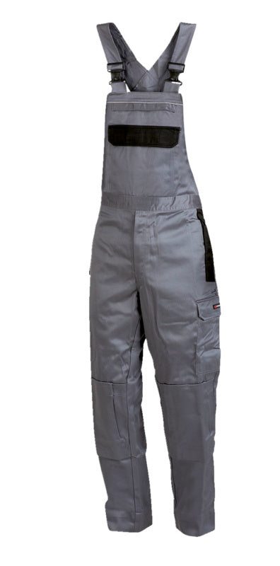 Grau-schwarze Arbeitslatzhose mit verstellbarem Latz und mehreren Taschen für Handwerker.
