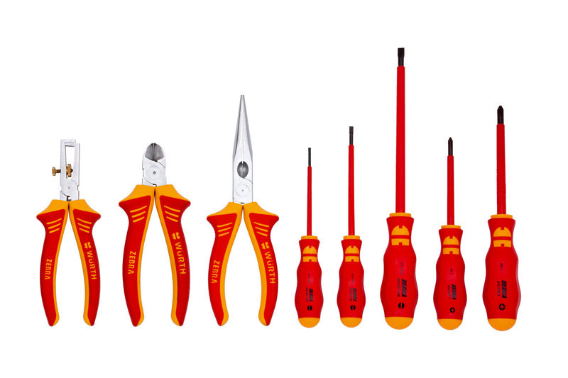 Achtteiliges VDE-zertifiziertes Sortiment mit isolierten Zangen und Schraubendrehern in robuster Verpackung.