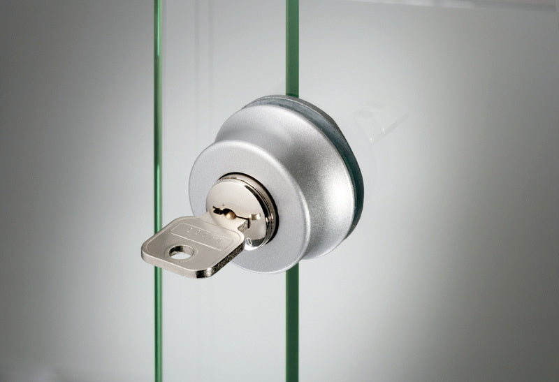 Silbernes Glastürschloss ZB-GLASTSCHL-SHIEBTR-GSB25/50 für Schiebetüren, robust und elegant.