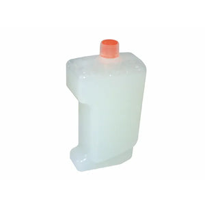 Eine durchscheinende weiße Flasche mit einem orangefarbenen Verschluss.