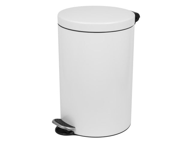 Weißer Tretabfalleimer mit 12 Litern Fassungsvermögen und Soft-Close-Deckel.
