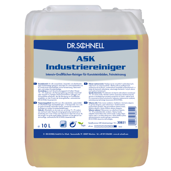 10L Kanister des ASK Industriereinigers mit klarer Flüssigkeit und robustem Kunststoffdesign.
