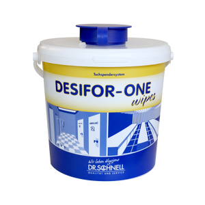 Desifor One Wipes in einem praktischen Spendereimer mit Ring, Deckel und Pop-Up-Funktion.
