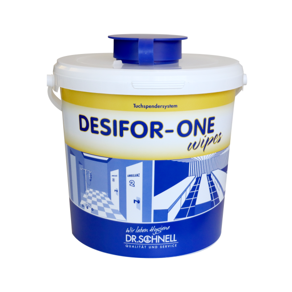 Desifor One Wipes in einem praktischen Spendereimer mit Ring, Deckel und Pop-Up-Funktion.