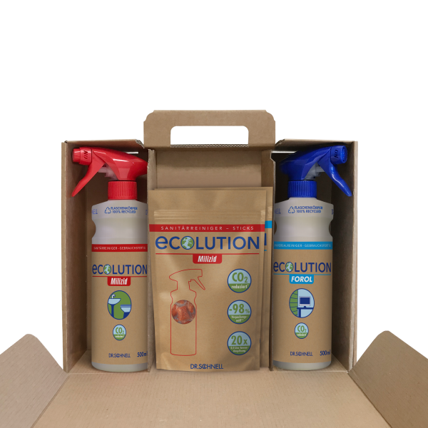 Ecolution Starterkit mit Bambuszahnbürstenhalter, Glasflasche und Baumwoll-Einkaufstasche.