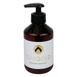 ISARGOLD Handcreme in 250ml weißer Pumpflasche mit blauem Etikett.