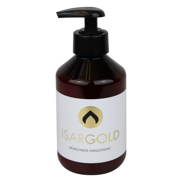 ISARGOLD Handcreme in 250ml weißer Pumpflasche mit blauem Etikett.