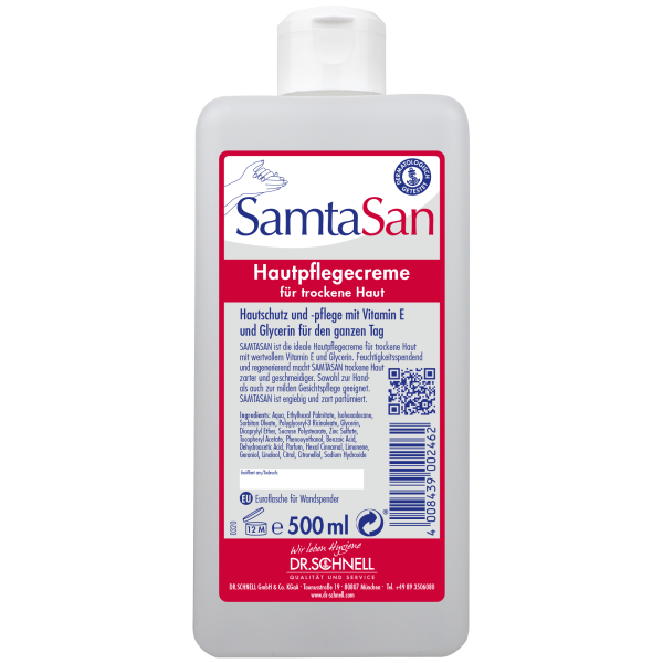 500ml Flasche Samtasan Pflegeprodukt für Holzmöbel, zeigt eine klare Flüssigkeit und Etikett.