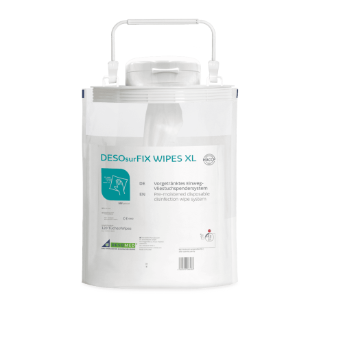 Große, biologisch abbaubare Desinfektionstücher in der Größe 17,5 x 36 cm, 480 Tücher insgesamt.