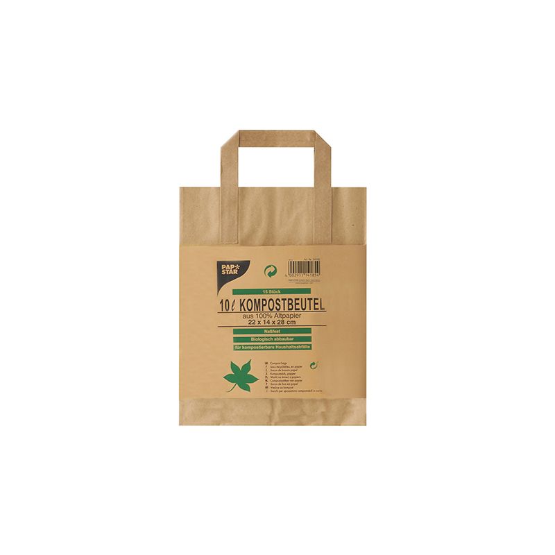 Ver- und Entsorgung -Kompostbeutel, Papier,m. Henkel, 10L, 28x22x14cm, braun, bedruckt, 15 St/Pk.